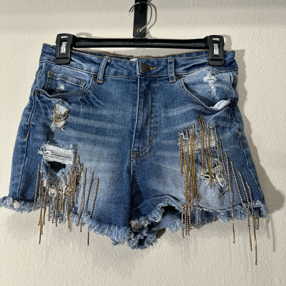 Tokyo Darling Distressed Blue Jean Shorts with Beaded Fringe